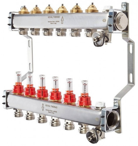 Для отопления Royal Thermo 1" ВР-3/4" НР, 8 выходов с расходомерами, нерж. (RTE 52.108)